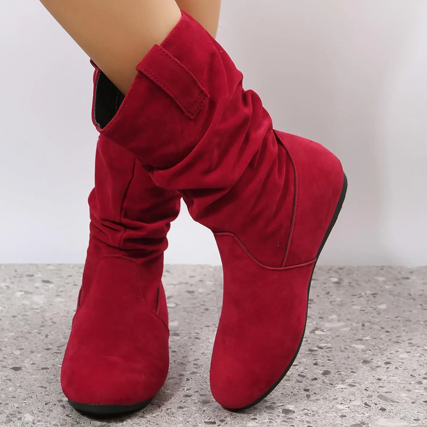 Hiking Boots Women Suede Flats Mid Calf Boots Pleated Thigh High Boots Pull On Winter Winter Warm Bootie