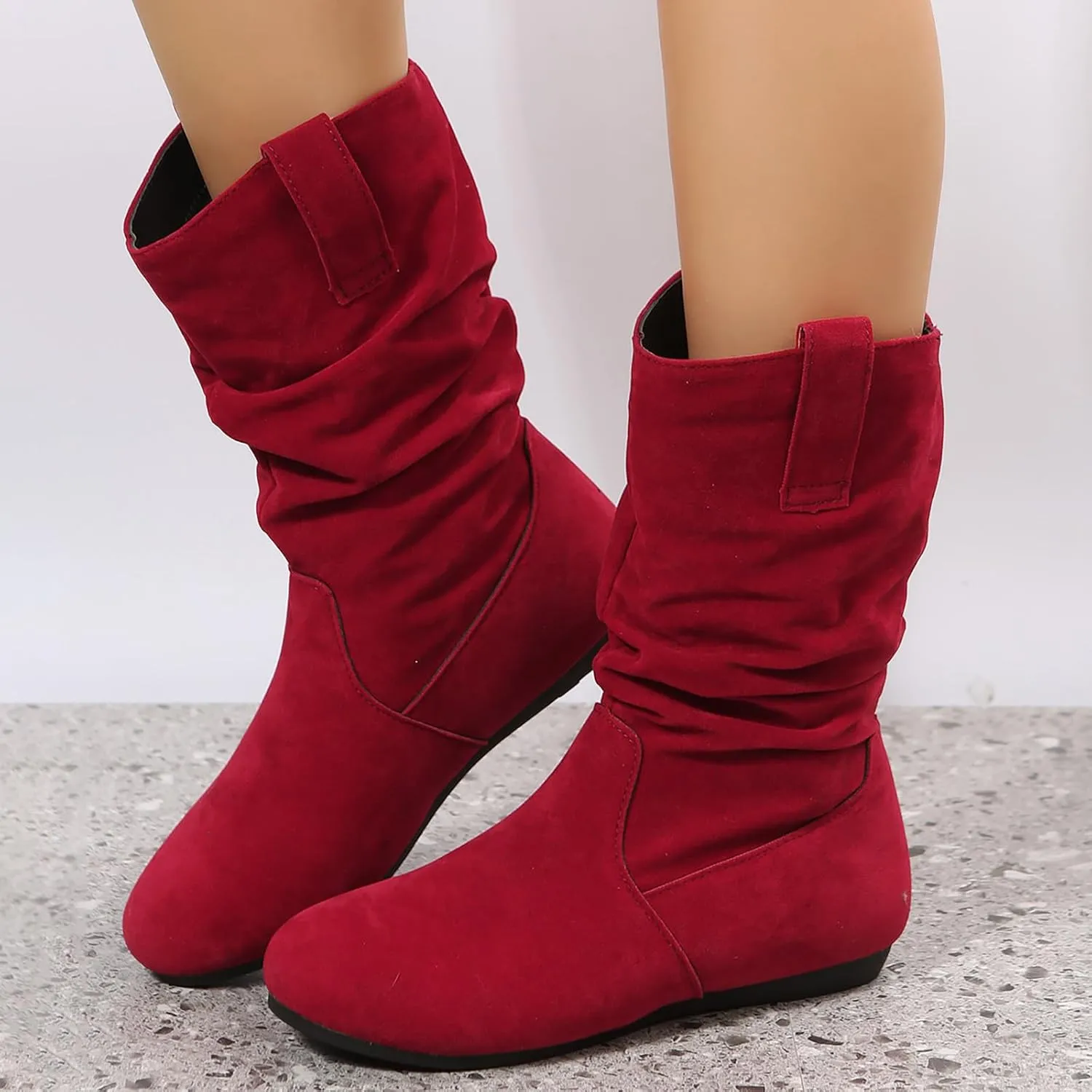 Hiking Boots Women Suede Flats Mid Calf Boots Pleated Thigh High Boots Pull On Winter Winter Warm Bootie