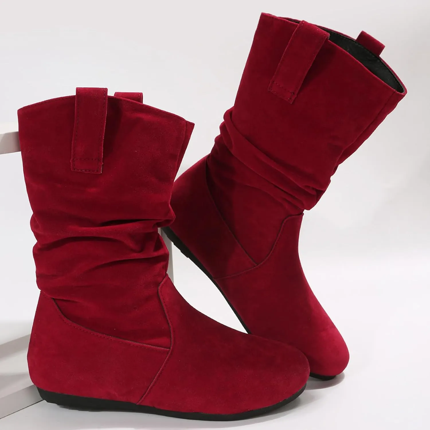 Hiking Boots Women Suede Flats Mid Calf Boots Pleated Thigh High Boots Pull On Winter Winter Warm Bootie