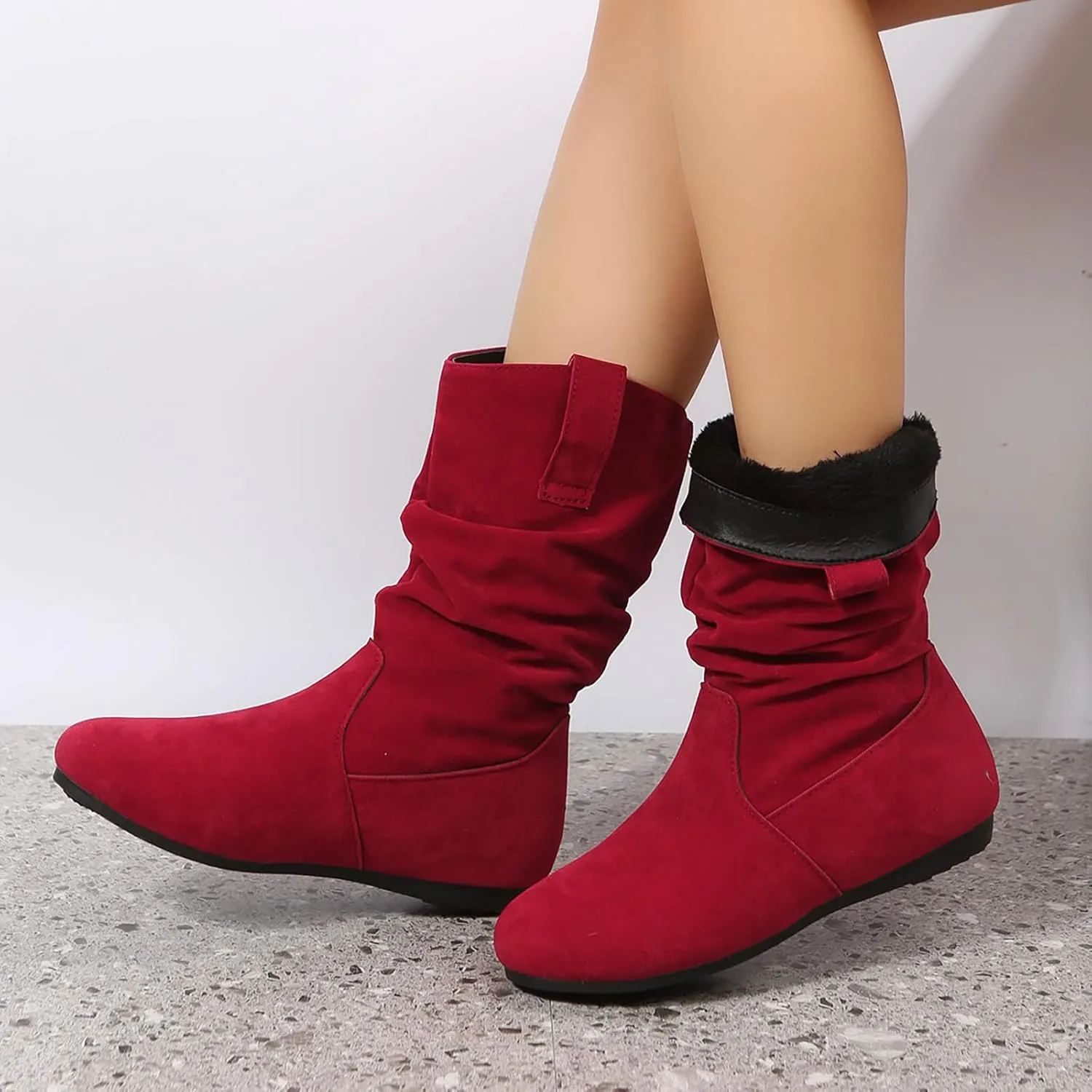 Hiking Boots Women Suede Flats Mid Calf Boots Pleated Thigh High Boots Pull On Winter Winter Warm Bootie