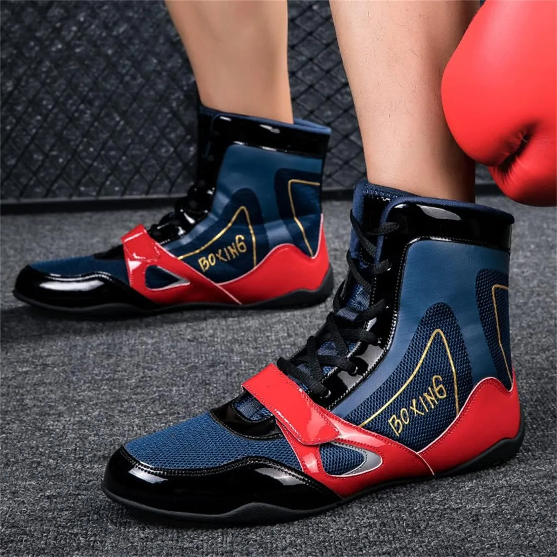 Mens Boxing Shoes Non Slip Wrestling Trainers Breathable Bodybuilding Gym Shoes High-Top Kickboxing Sport Fitness Sneakers