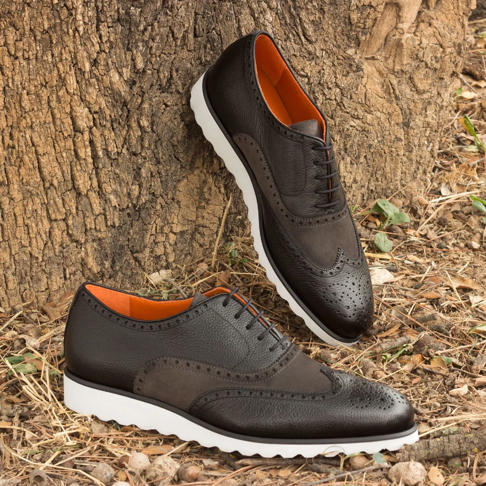 Men's Full Brogue Leather Shoes Wide Plus Size Grey Black 2471