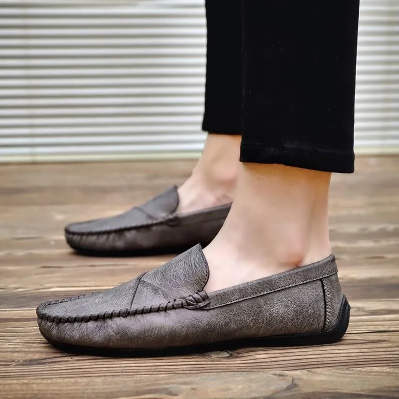 Men's Loafers ?C Genuine Leather Slip-On Shoes with Round Toe, Lightweight, Comfortable, Anti-Slip, and Stylish Stitching Details for Walking and Casual Wear