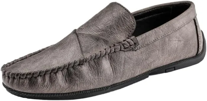 Men's Loafers ?C Genuine Leather Slip-On Shoes with Round Toe, Lightweight, Comfortable, Anti-Slip, and Stylish Stitching Details for Walking and Casual Wear