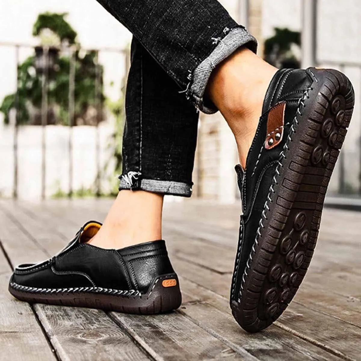 MSYINGL Men's Casual Leather Slip on Shoes,Breathable Comfortable Walking Shoes,Office Driving Shoes Slip-On Flats