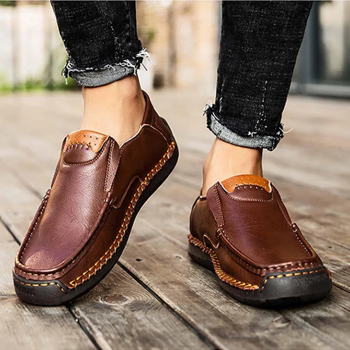 MSYINGL Men's Casual Leather Slip on Shoes,Breathable Comfortable Walking Shoes,Office Driving Shoes Slip-On Flats