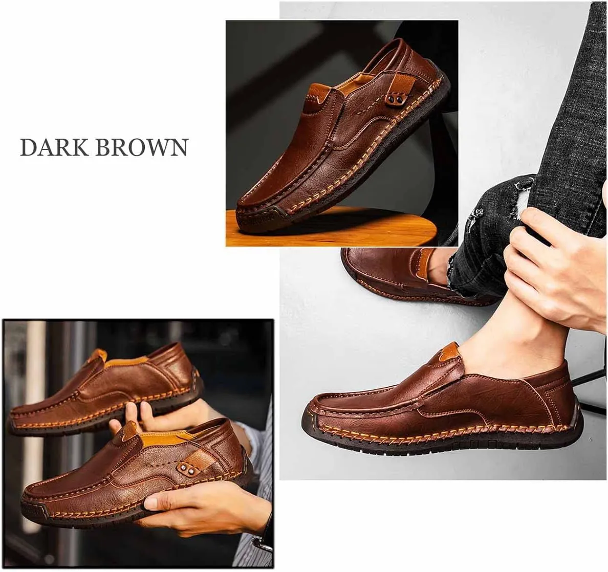 MSYINGL Men's Casual Leather Slip on Shoes,Breathable Comfortable Walking Shoes,Office Driving Shoes Slip-On Flats