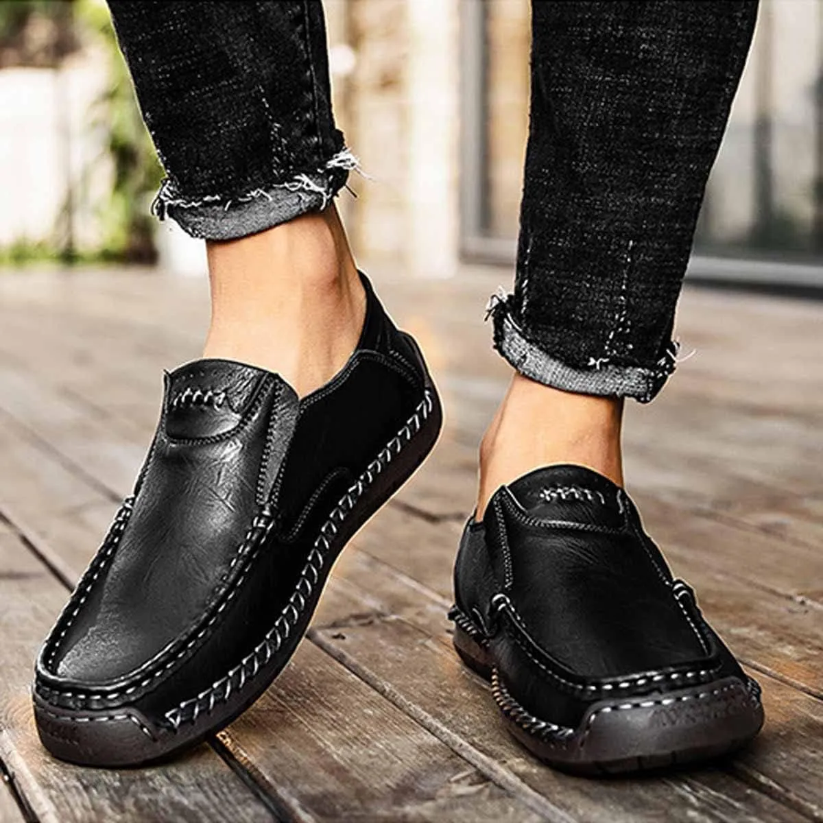 MSYINGL Men's Casual Leather Slip on Shoes,Breathable Comfortable Walking Shoes,Office Driving Shoes Slip-On Flats