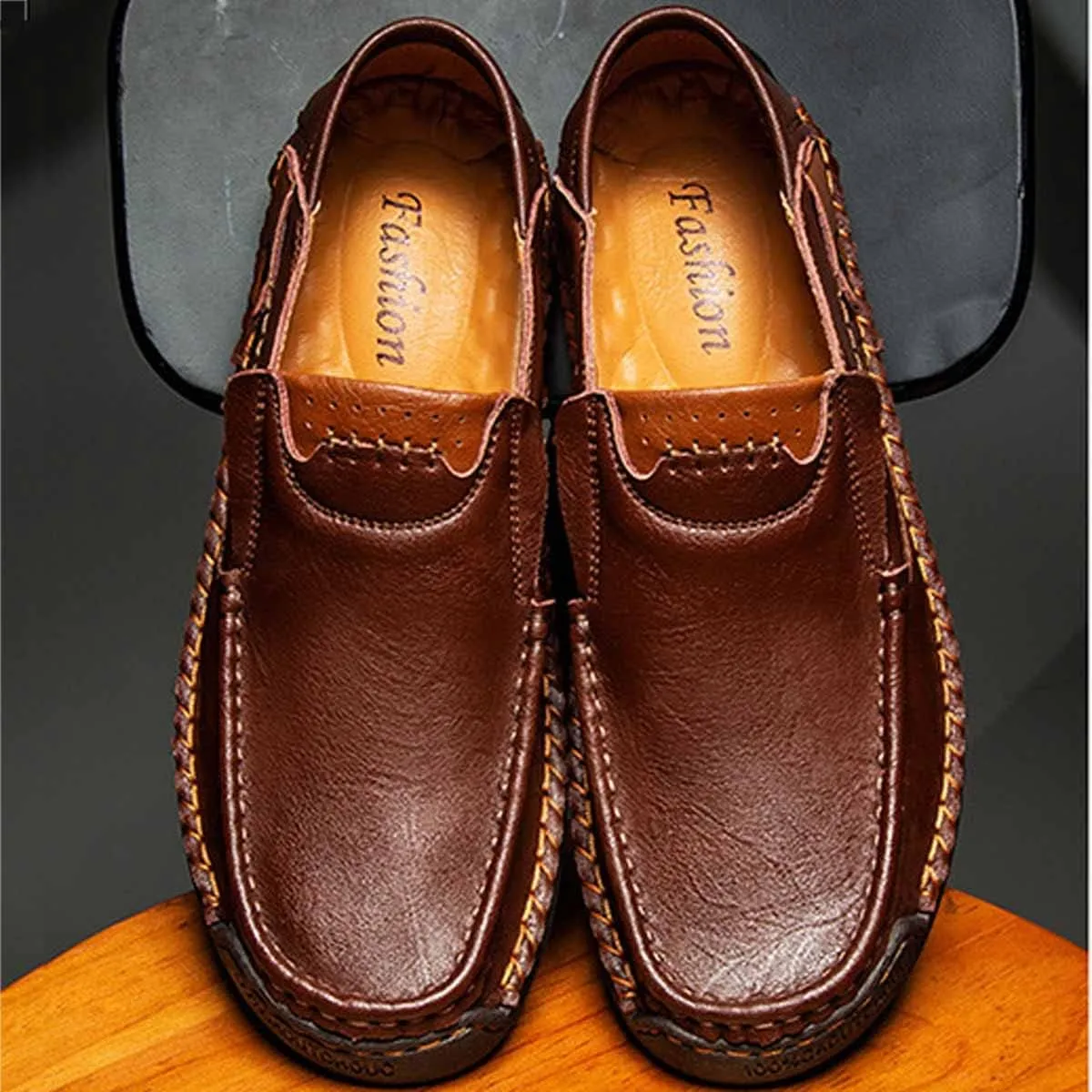MSYINGL Men's Casual Leather Slip on Shoes,Breathable Comfortable Walking Shoes,Office Driving Shoes Slip-On Flats