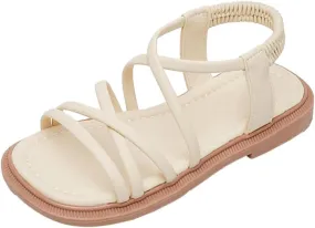 Toddler Girls Open Toe Sandals Elastic Ankle Strap Dress Shoes Beach Anti-Slip Strappy Soft Flat Sandal for Kids
