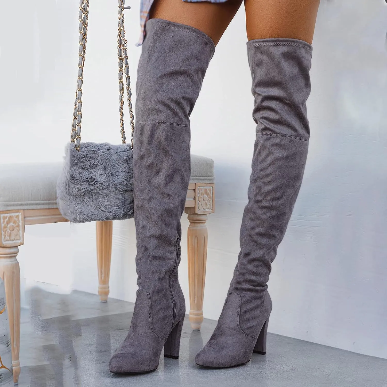 White Cowgirl Boots High Chunky Heeled Over Knee Boots Zipper Pointed Suede Thigh High Boots Long Bootie