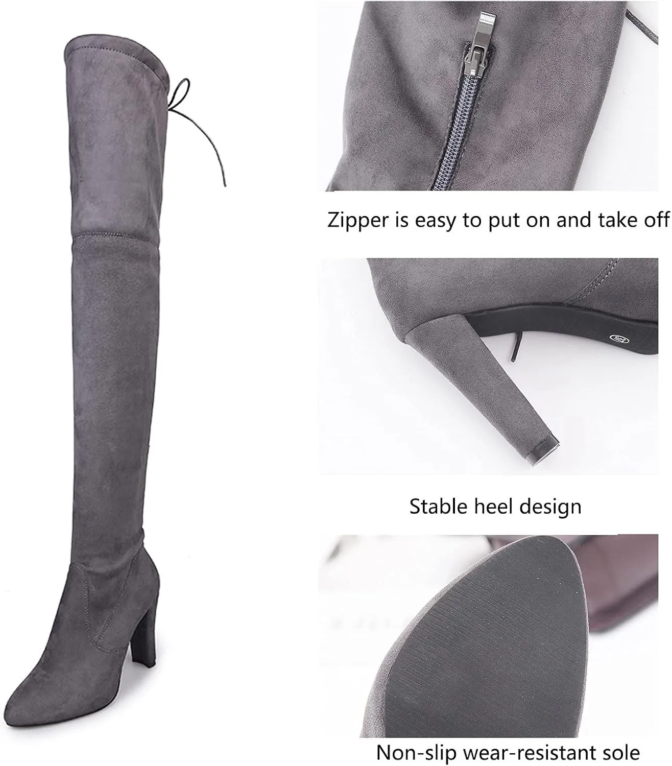 White Cowgirl Boots High Chunky Heeled Over Knee Boots Zipper Pointed Suede Thigh High Boots Long Bootie