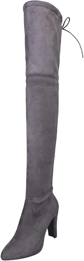 White Cowgirl Boots High Chunky Heeled Over Knee Boots Zipper Pointed Suede Thigh High Boots Long Bootie