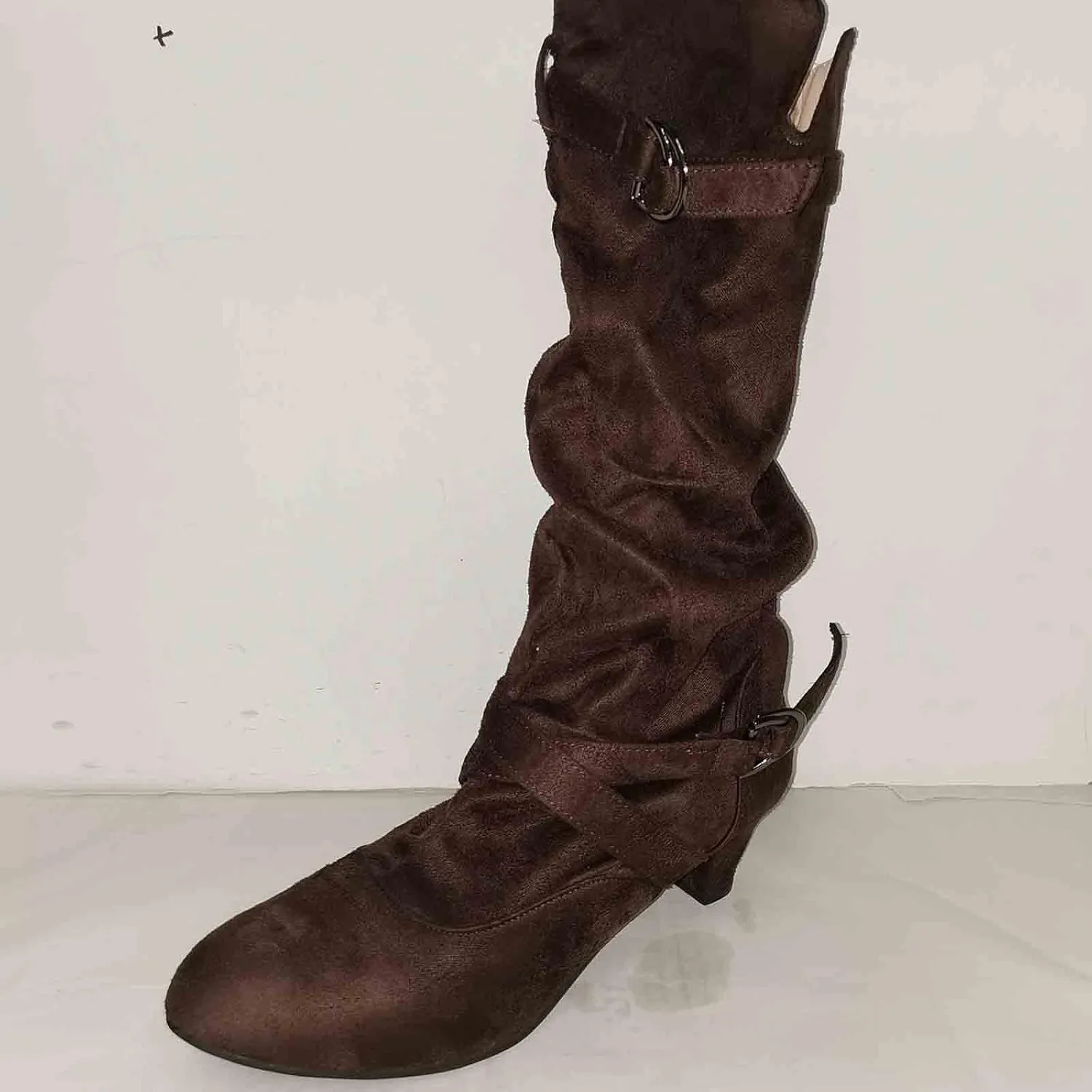 White Cowgirl Boots Suede Cross Belt Thigh High Boots Low Heeled Pull On Knee High Boots Mid Calf Bootie