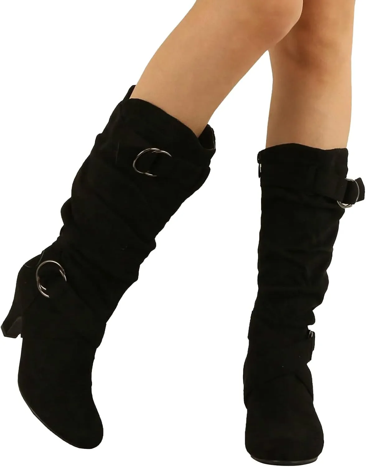 White Cowgirl Boots Suede Cross Belt Thigh High Boots Low Heeled Pull On Knee High Boots Mid Calf Bootie