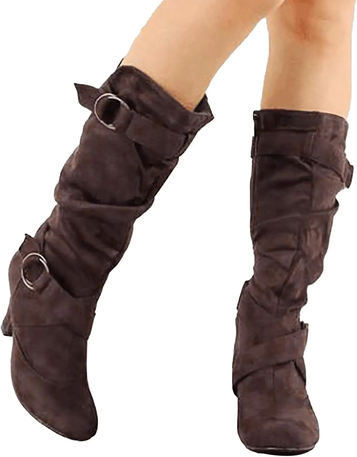 White Cowgirl Boots Suede Cross Belt Thigh High Boots Low Heeled Pull On Knee High Boots Mid Calf Bootie