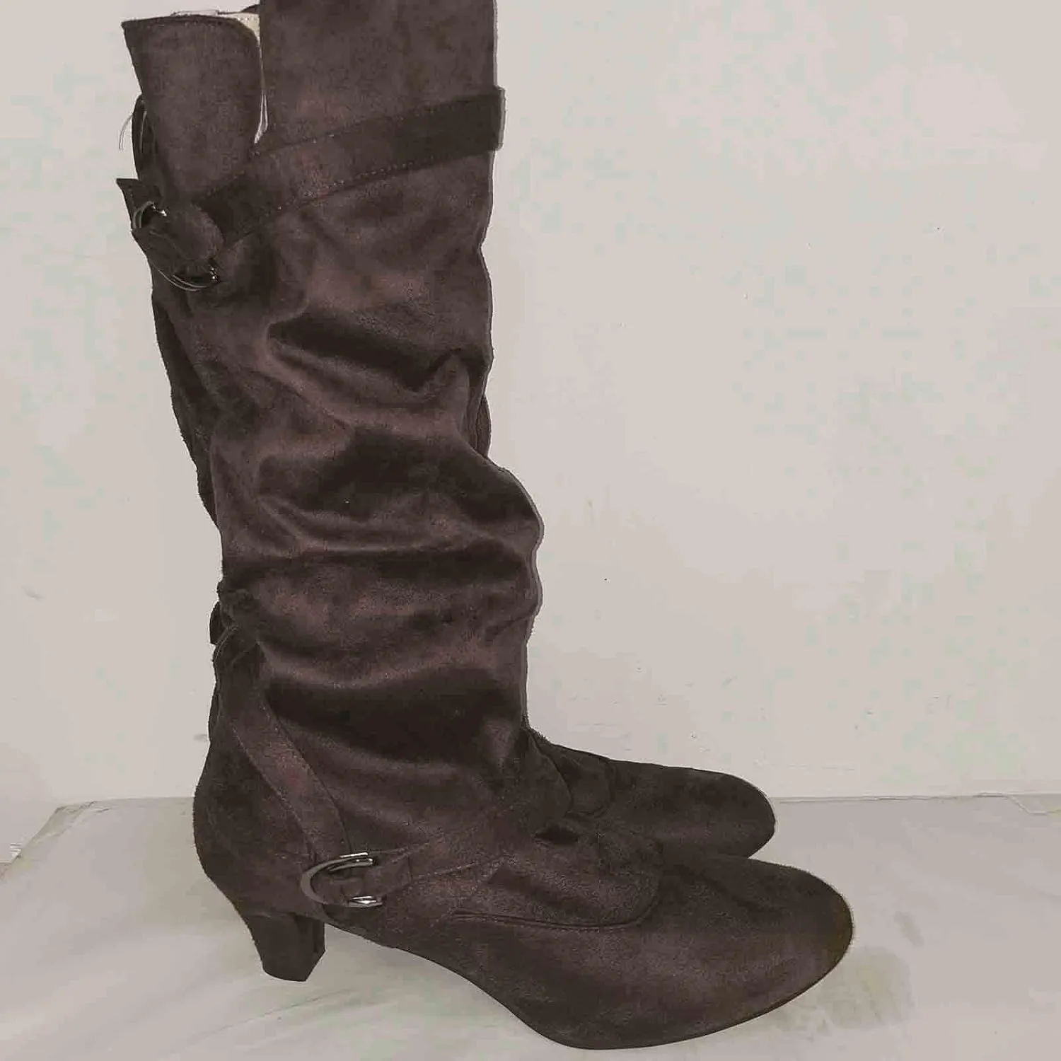 White Cowgirl Boots Suede Cross Belt Thigh High Boots Low Heeled Pull On Knee High Boots Mid Calf Bootie
