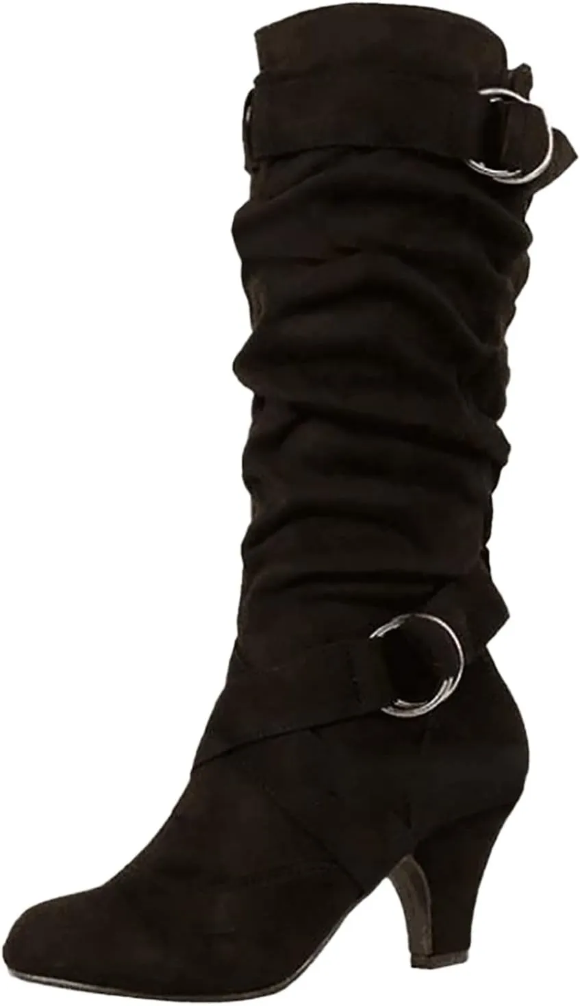 White Cowgirl Boots Suede Cross Belt Thigh High Boots Low Heeled Pull On Knee High Boots Mid Calf Bootie