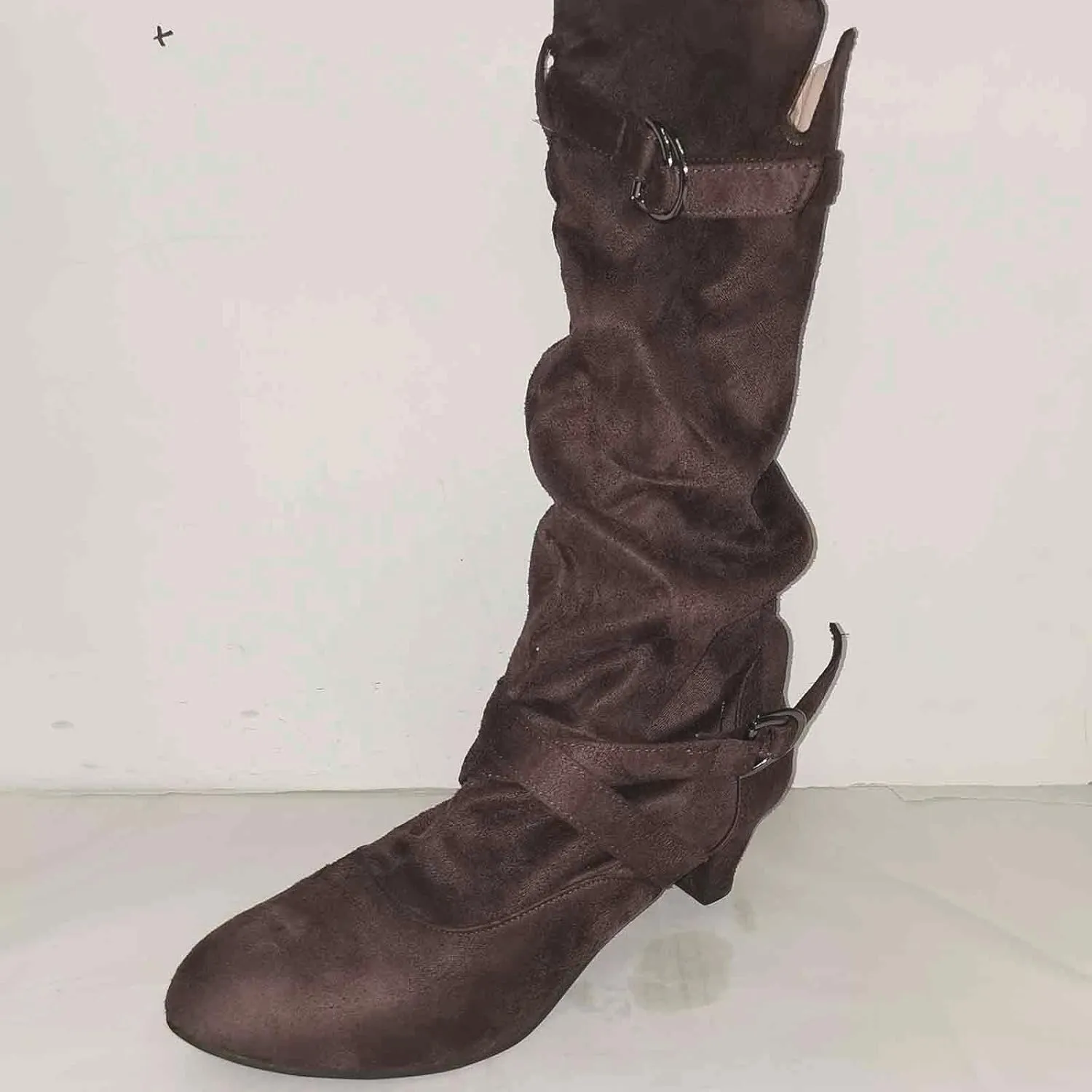 White Cowgirl Boots Suede Cross Belt Thigh High Boots Low Heeled Pull On Knee High Boots Mid Calf Bootie