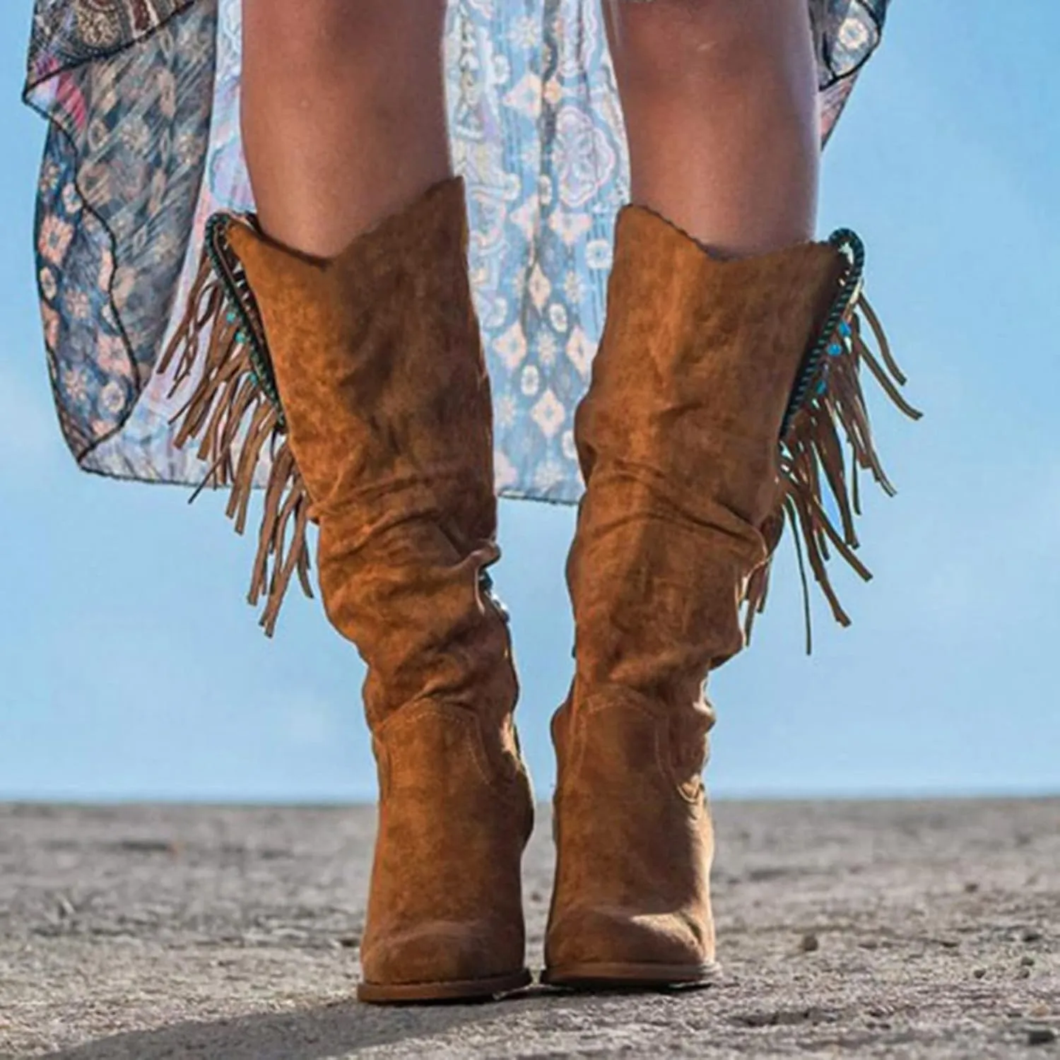 Winter Boots For Women Casual Square Heel Thigh High Boots Tassel Knee High Boots Suede Pull On Tall Bootie