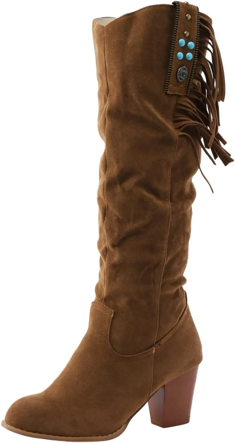 Winter Boots For Women Casual Square Heel Thigh High Boots Tassel Knee High Boots Suede Pull On Tall Bootie