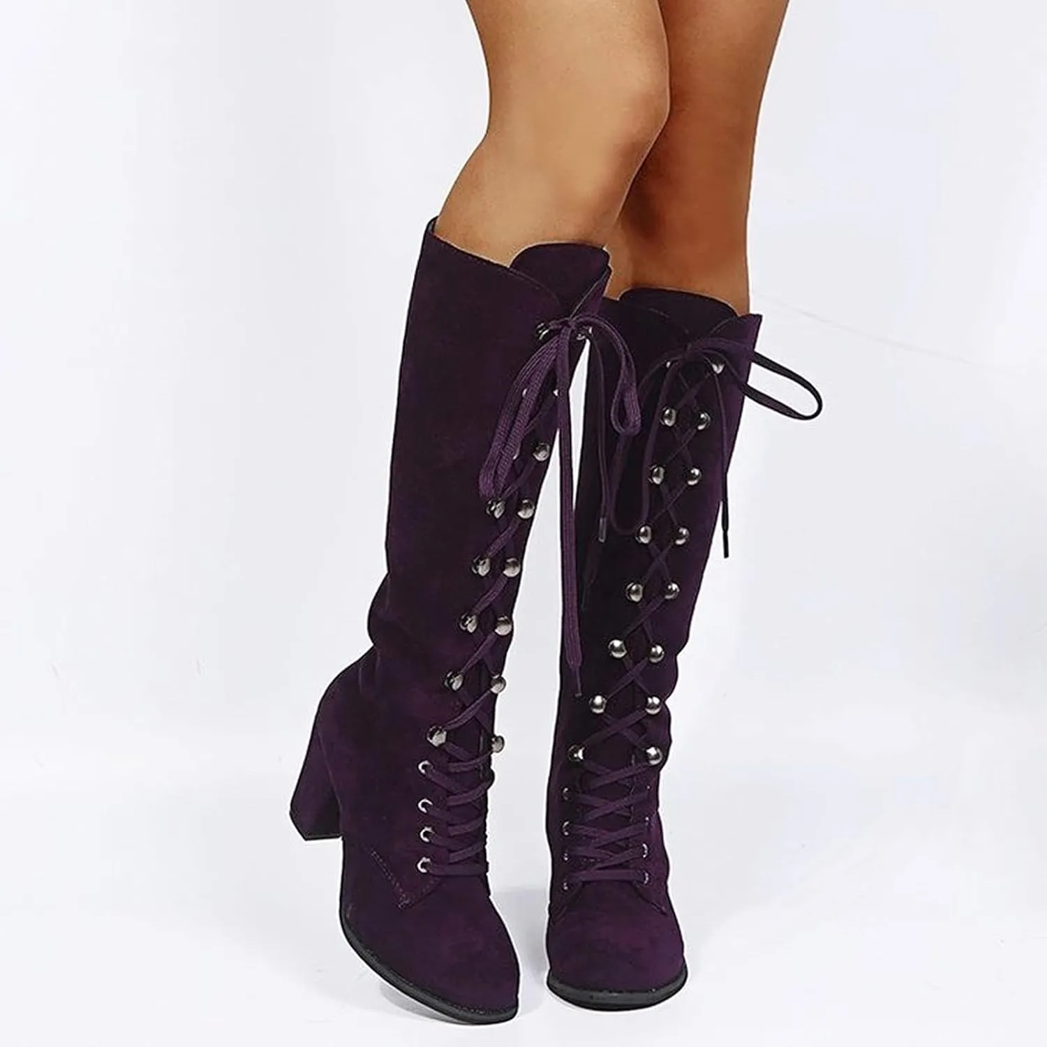 Winter Boots For Women Retro Vintage Lace-Up Thigh High Boots Suede Low Chunky Heels Knee High Long Boots