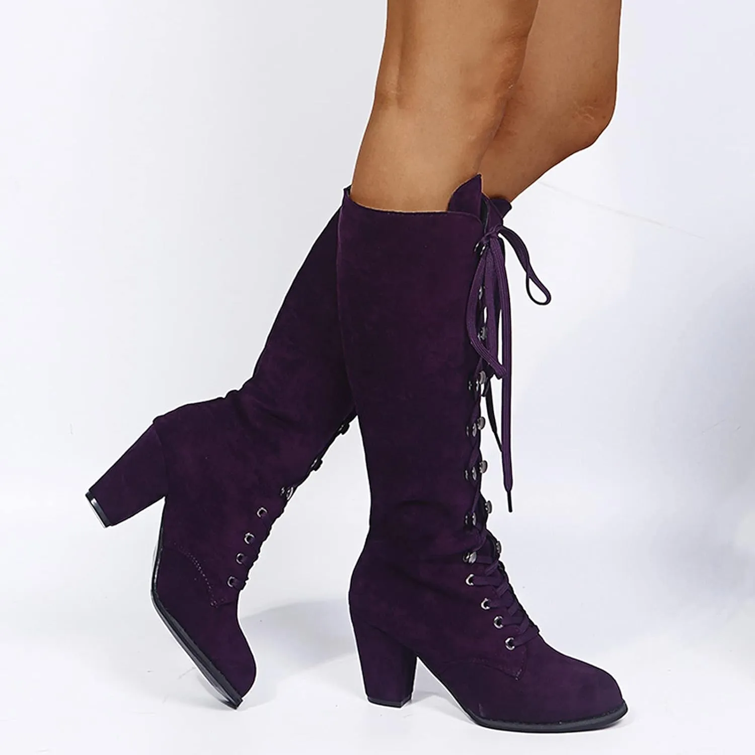 Winter Boots For Women Retro Vintage Lace-Up Thigh High Boots Suede Low Chunky Heels Knee High Long Boots