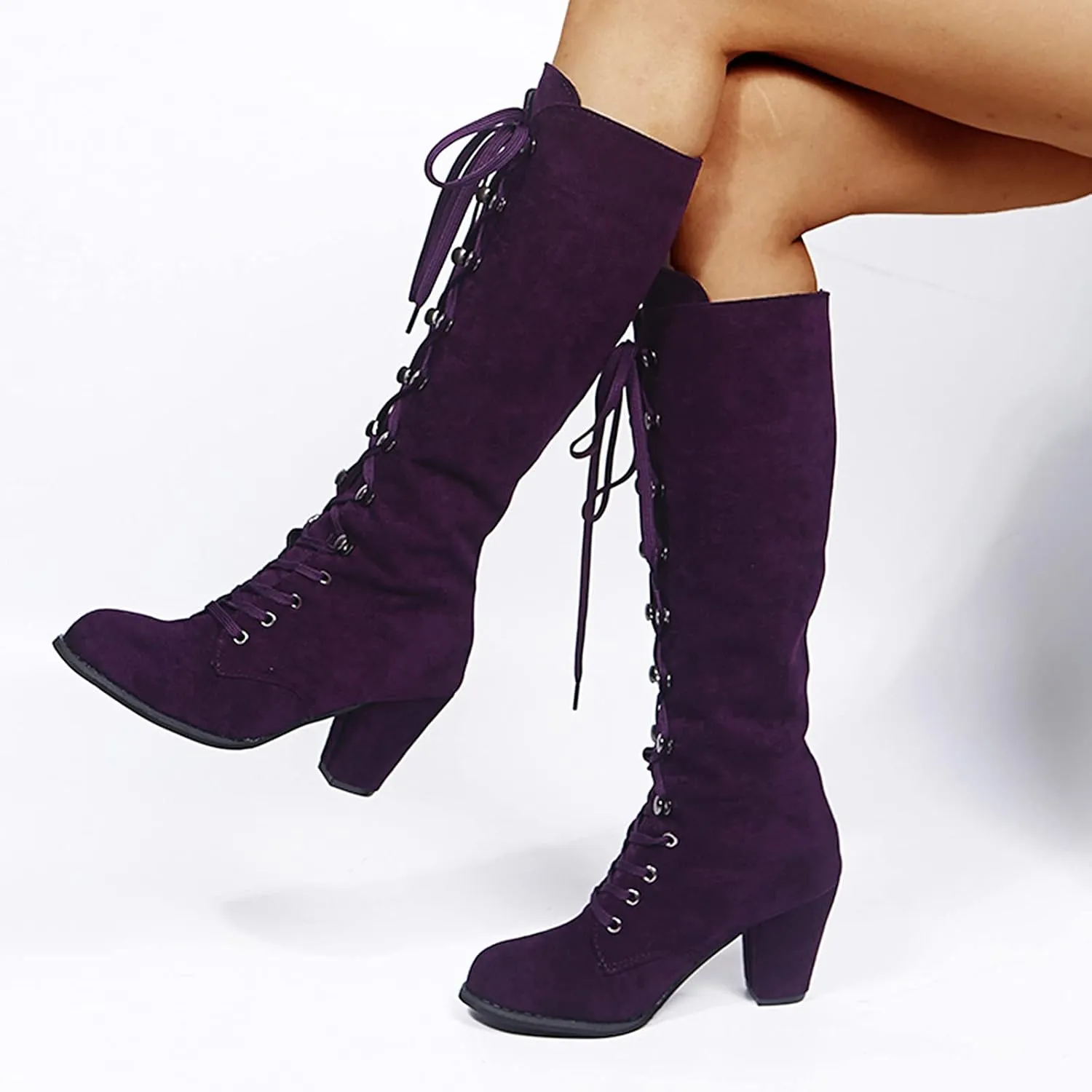 Winter Boots For Women Retro Vintage Lace-Up Thigh High Boots Suede Low Chunky Heels Knee High Long Boots