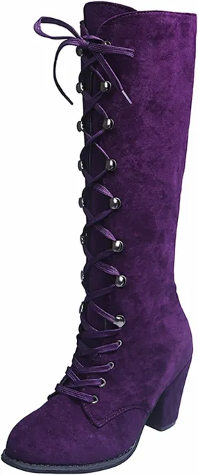 Winter Boots For Women Retro Vintage Lace-Up Thigh High Boots Suede Low Chunky Heels Knee High Long Boots