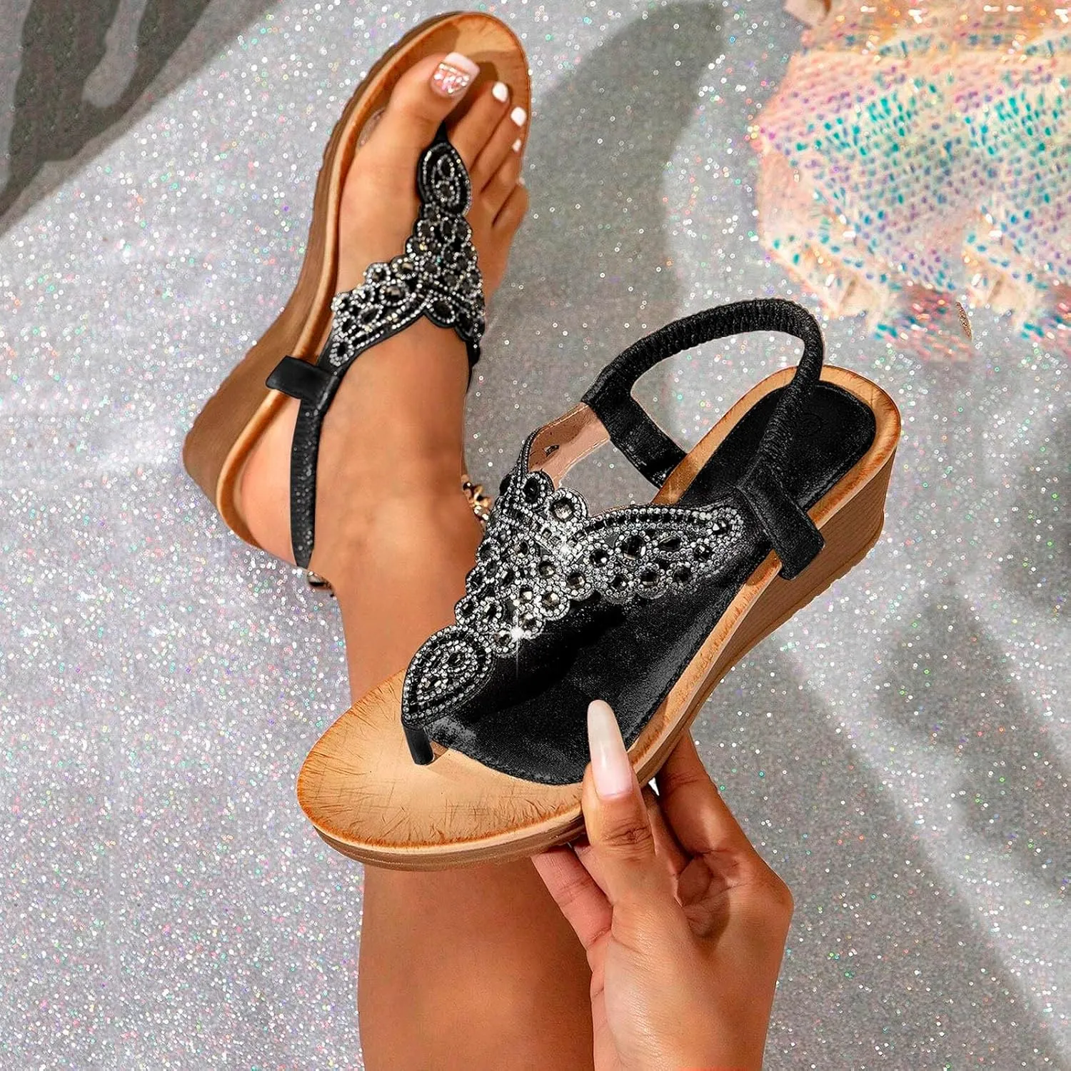 Womens Arch Support Sandals Orthotic Adjustable Thong Flip Flop Elastic Strappy Thong Ankle Strap Summer Dress Beach Gladiator Sandals Wedge Shoes