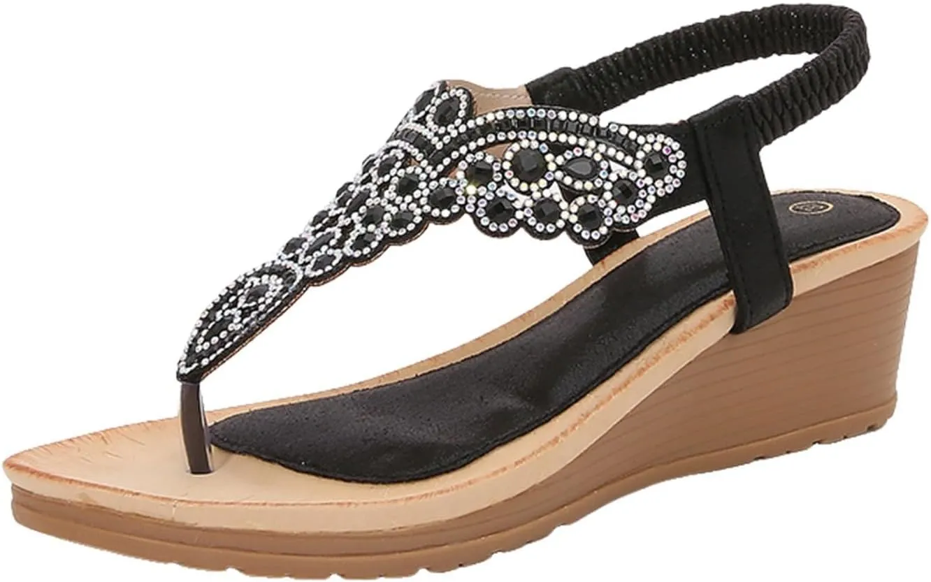 Womens Arch Support Sandals Orthotic Adjustable Thong Flip Flop Elastic Strappy Thong Ankle Strap Summer Dress Beach Gladiator Sandals Wedge Shoes
