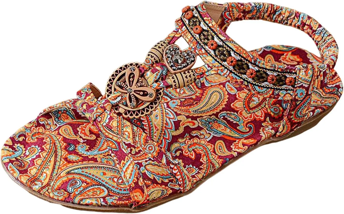 Women's Bohemian Flat Sandals Summer Beach Slide Shoes with Arch Support Casual Dressy Ethnic Style Low Heel