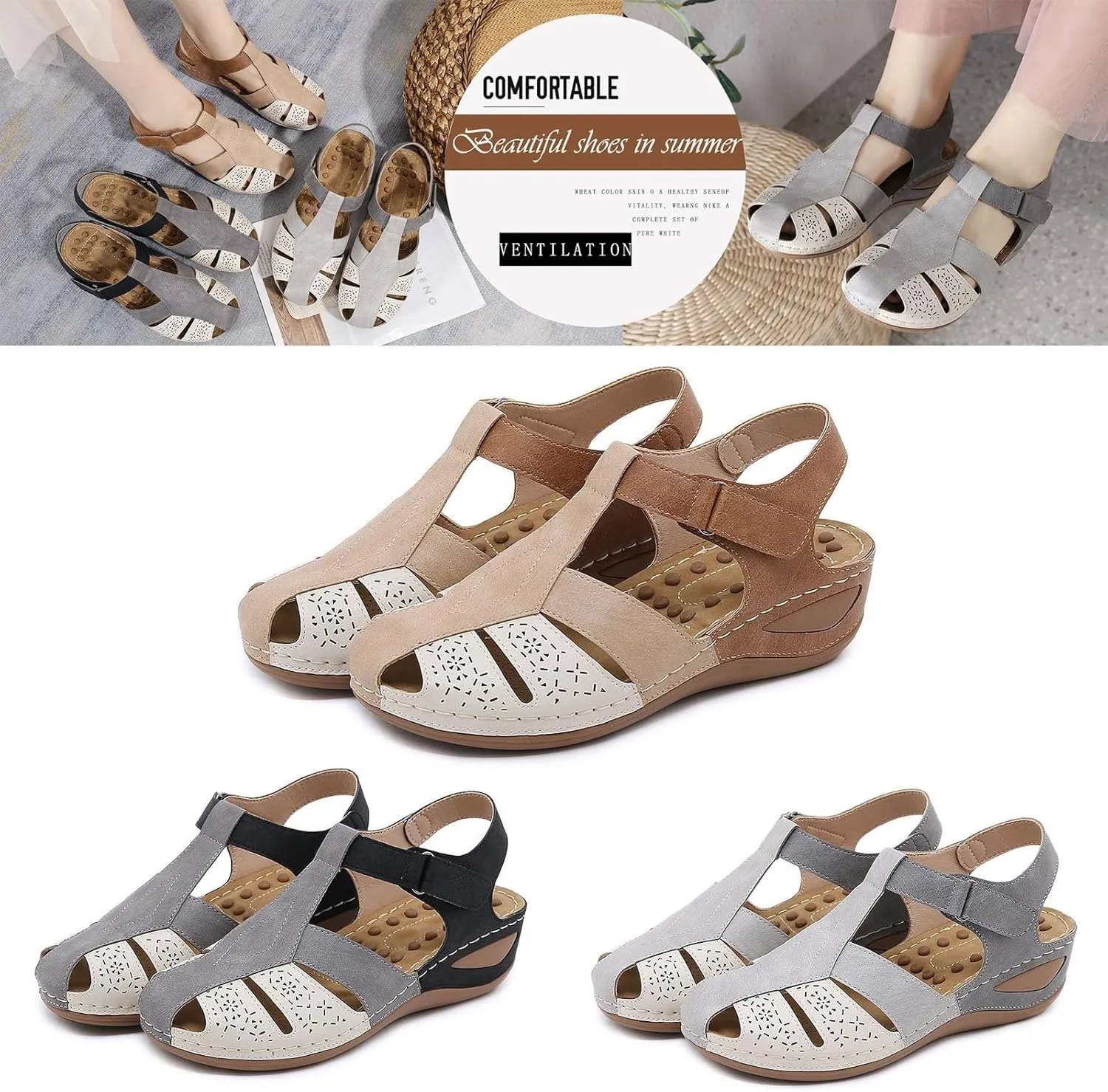 Women's Causal Closed Toe Wedges Sandals Summer Comfortable Ankle Strap Beach Dressy Sandal Water Ladies Slides