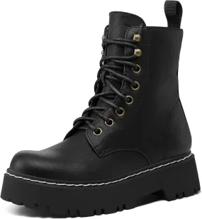Women's Combat Ankle Boots Lace up Platform Lug Sole Chunky Low Heel Booties with Side Zipper