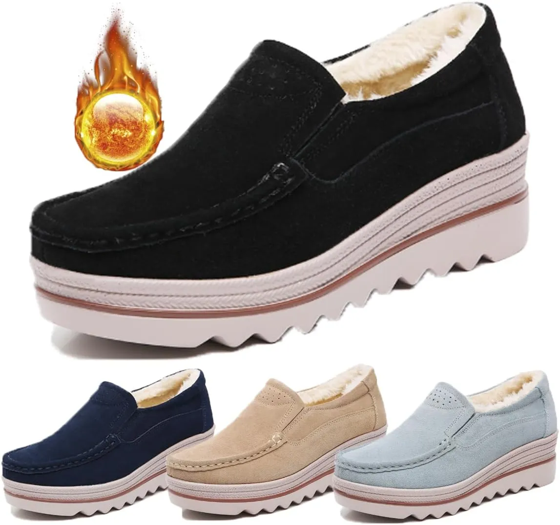 Women's Leather Platform Loafers Faux Suede Comfort Moccasins Comfortable Thick Soled Breathable Loafers，Wide Low Top Shoes Business Casual Walking Shoes